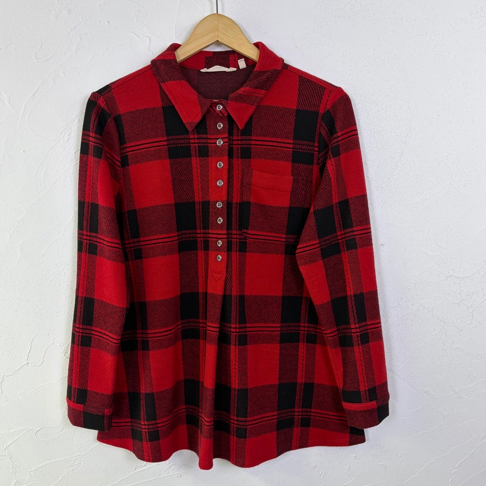 Soft Surroundings Plaid Henley Shirt Women PM Red Black Buffalo Check Cabin Core